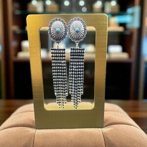 Atipi Silver Tone Turquoise Concho Fringe Dangle Earrings Boho Cowgirl Rodeo